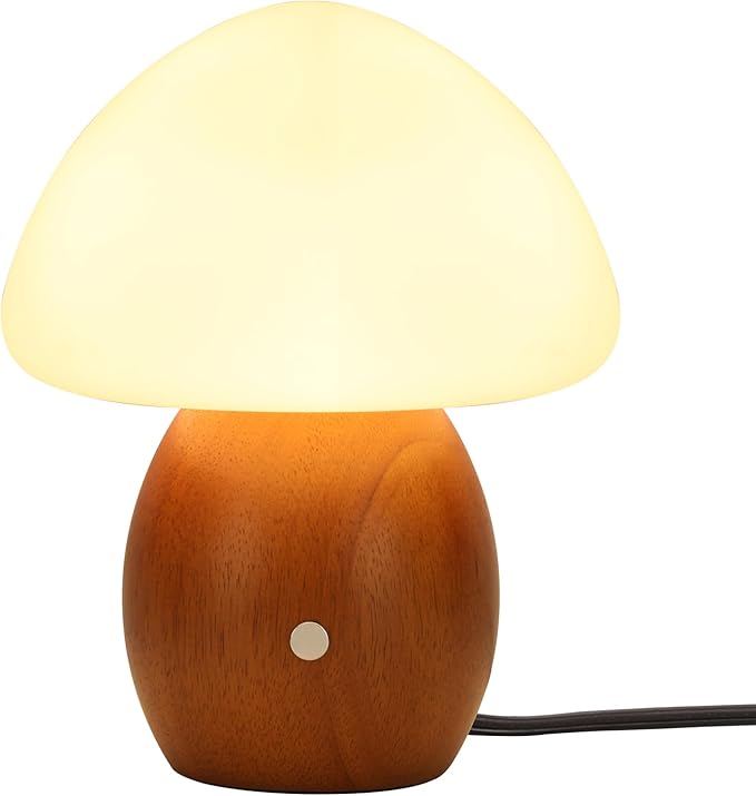 Mushroom Lamp with Touch Control Switch, Small Wooden Table Lamp with Glass Shade, 3 Way Dimmable Nightstand Lamp for Bedroom, G9 LED Bulb Included (Brown Color&Opal White Glass Shade)