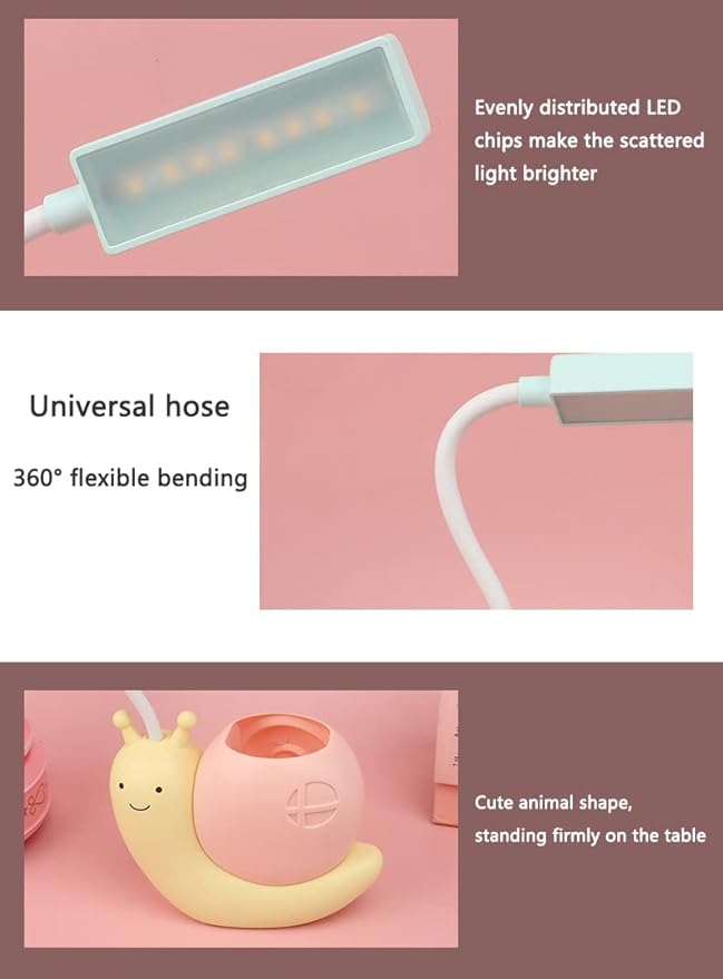 Cute Kids Lamp with Pen Holder,LED Desk Lamp for Child,Snail Shape USB Charging Student Learning Eye Protection Lamp with 360° Bendable Adjustable Neck Yellow