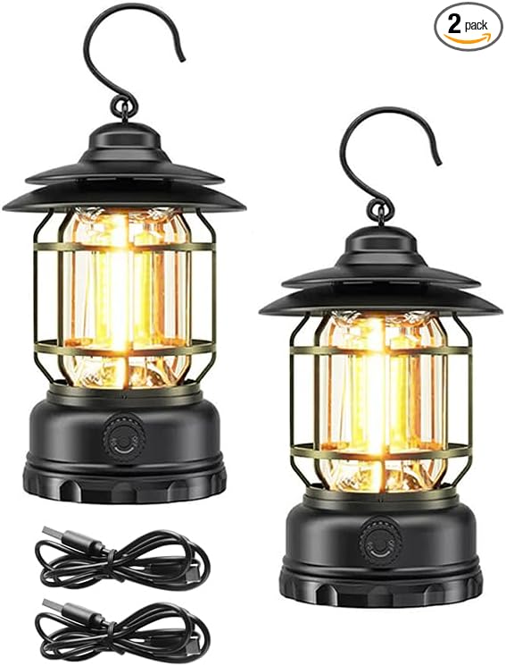 Rechargeable Camping Lantern, Frame Decorative Table Lamp, 3 Modes LED Lights with Hooks, Dimmable, Vintage Style, Portable Waterproof Camping Light for Indoor/Outdoor Use