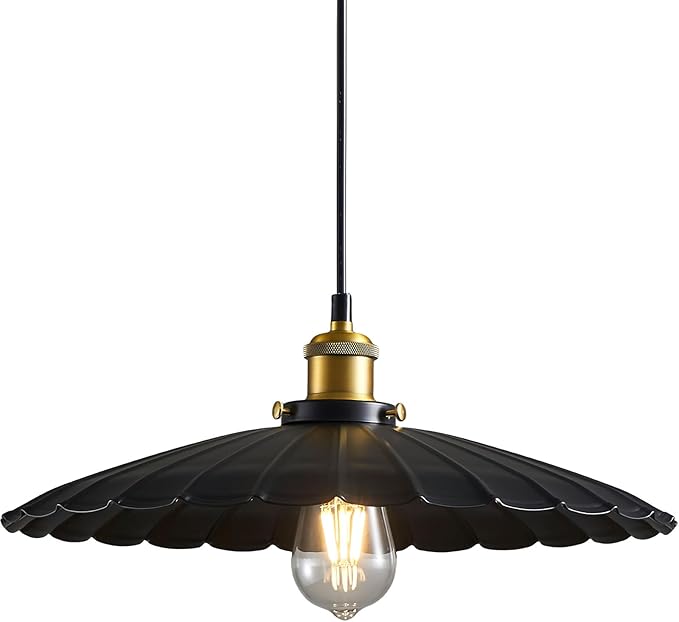 Hanging Light Fixture, Metal Pleated Lampshade Kitchen Island Pendant Lights Black Hanging Light Fixture 15.7 Inch Hanging Pendant Light Height Adjustable