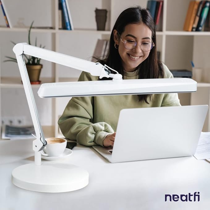 Neatfi Task Lamp – 2,500 Lumens, 30W, 22-Inch Wide Shade, 4 Brightness Levels, Eye-Caring Light, LED Task Light for Manicure Table, Crafts, Workbench, Office (Non-CCT with Base, White)