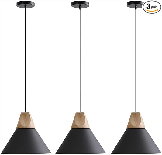 Pendant Light,Solid Wood Ceiling Hanging Lamp,Modern Matte Black Pendant Lighting for Kitchen Island Dining Room Coffee Bar (Black-3 Pack)