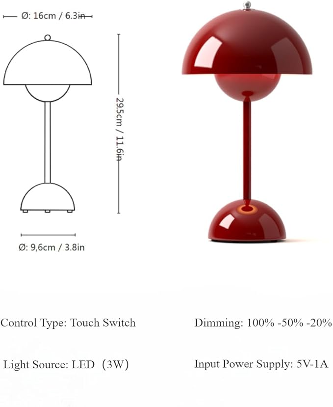 Modern Flower Bud Lamp 12" Cordless Touch Lamp Dimmable 2600mAh Rechargeable Desk Lamp Nordic Minimalist Mushroom Lamp Nightstand Bedside Lamp for Bedroom Living Room(Brown Red) No Reading Light