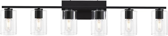 Black Bathroom Vanity Lighting Over Mirror,6 Light Bathroom Vanity Lights with Clear Glass Shade,Metal Vanity Lights for Bathroom,Bedroom,Living Room
