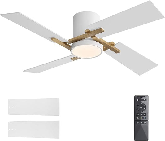 WINGBO 48" Flush Mount Ceiling Fan with Light - 4 Plywood Blades, 6-Speed Reversible DC Motor, Dimmable, 3CCT, Noiseless Low Profile Ceiling Fans and Light for Bedroom Living Room, Gold and White