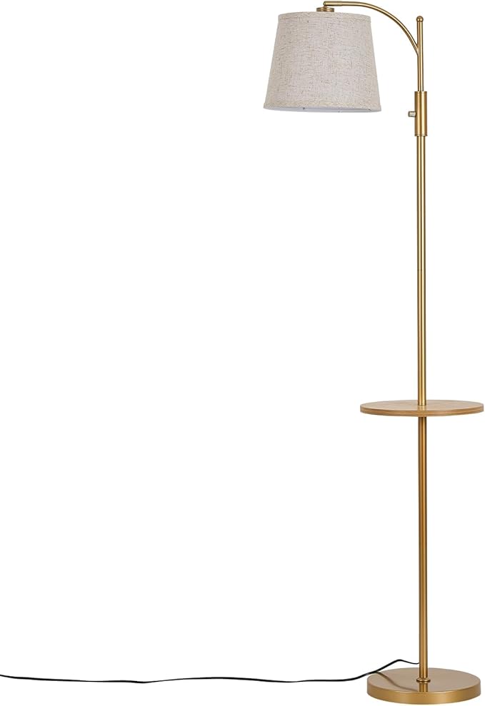 AIDENOEY Fully Dimmable Floor Lamp for Living Room，Standing Lamp Rotary Switch with Table&Linen Beige Shade，Golden Tall Lamps for Bedroom with Adjust Head，9W LED Bulb Included