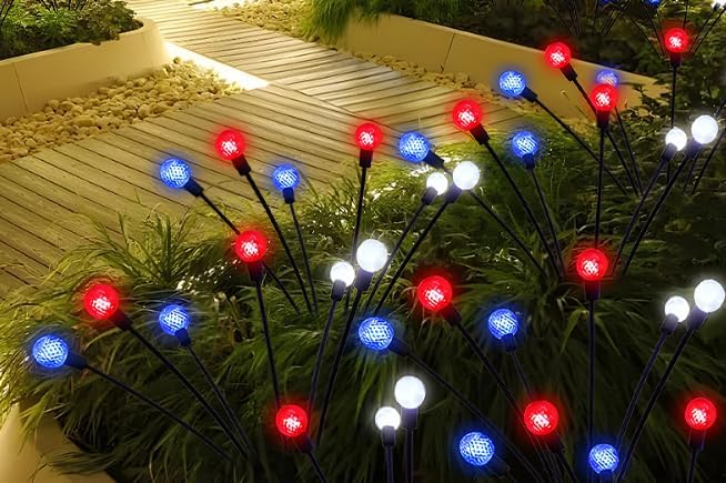 Solar Powered Garden Lights, Red White Blue Firefly Branch Lights, LED Decorative Stake Lights for Outdoor Pathway, Lawn, Patio (Candle Style, 4)