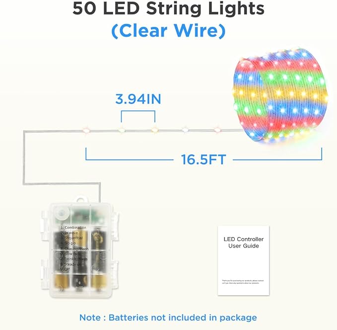 Battery Operated String Lights (2 PACK), 16.5ft 50 LED Twinkle Fairy String Lights Battery Powered wite Auto Timer for Indoor Outdoor Christmas Trees Wreath Decoration Party Bedroom Garden- Multicolor