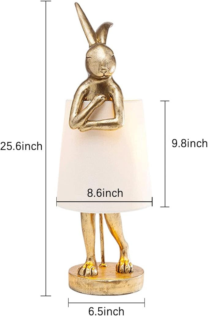 Cute Rabbit Animal Table Lamp,Big Size 25.6", Gold Resin Bunny Decor LED Desk Light,White Linen Shade,Home Eye Protection Lamp Office Study Bedside Small Bunny Light (25.6" White Shade)