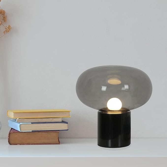 Meefad Glass Table Lamp, Mushroom Shape Bedside Lamp with Marble Base, Small Night Light for Bedroom Office Nightstand Smoke Gray Finish