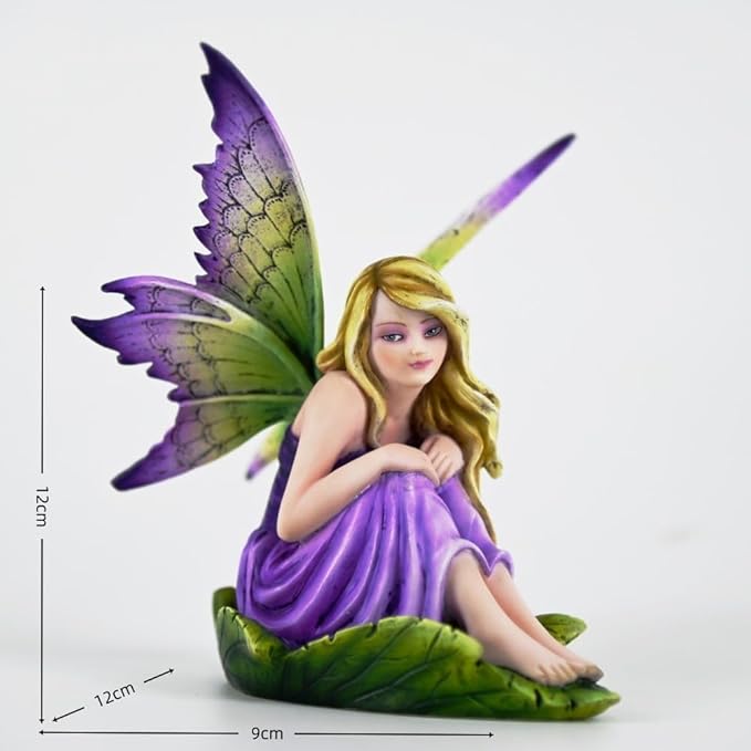 Fantasy Purple-Green Gradient Wings Fairy Figurine, Leaf Base Elf Statue, Hand-Painted Resin Decor for Mini Fairy Garden, Desk & Succulent Display