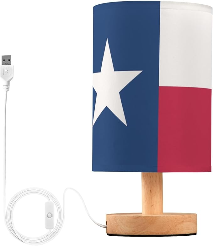 Texas Flag Patriotic USA Table Lamp with Wood Base Fabric Lamp Shade Bedside Nightstand Desk Lamp for Living Room Bedroom Kids Room Office