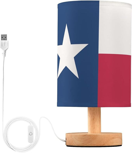 Texas Flag Patriotic USA Table Lamp with Wood Base Fabric Lamp Shade Bedside Nightstand Desk Lamp for Living Room Bedroom Kids Room Office