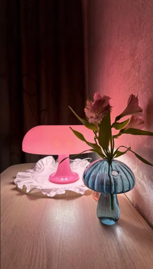 Pink Mushroom Lamp, Mid Century Modern Table Lamp for Bedroom, Minimalist Mushroom Decor Bedside Small Lamps, 2700K(Bulb Included, Plug Powered)