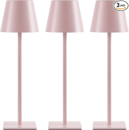 UME 3 Pack Cordless Table Lamp, Battery Operated Lamp - Portable Waterproof Rechargeable Table Lamp w/ 3 Color Temps & Stepless Dimming for Dinner, Desk, Cafe, Outdoor (Pink)