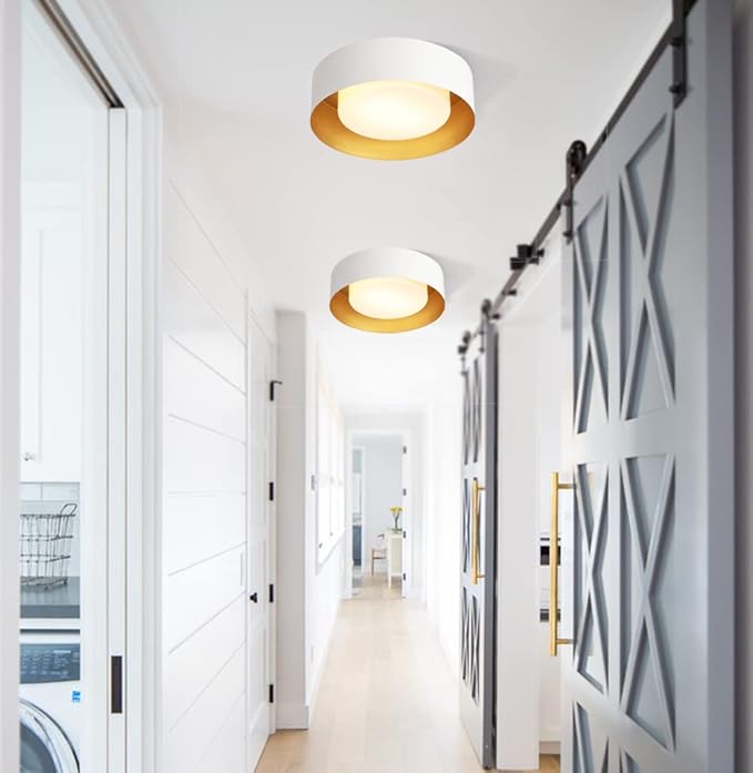 Modern Flush Mount Ceiling Light,Minimalist Close to Ceiling Lighting Fixture,White and Gold Flush Mount Light Fixture for Bedroom,Entry, Hallway,Balcony, Bathroom (12.5'')