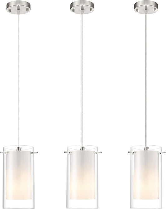 3-Light Pendant Light, Indoor Glass Hanging Light Fixture, Adjustable Height, Brushed Nickel Finish for Kitchen Dining Room