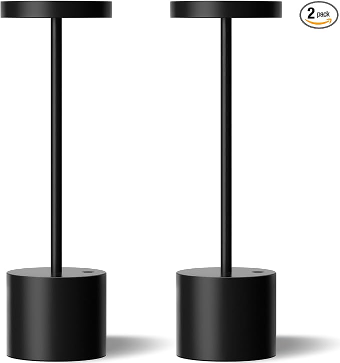 Black Cordless Table Lamp, 4000mAh Rechargeable Battery Powered Lamps, 3 Color Stepless Dimming, LED Wireless Outdoor Lamps for Dining Room, Bedroom, Bar, Cafe, Restaurant, Patio, Camping, Set of 2