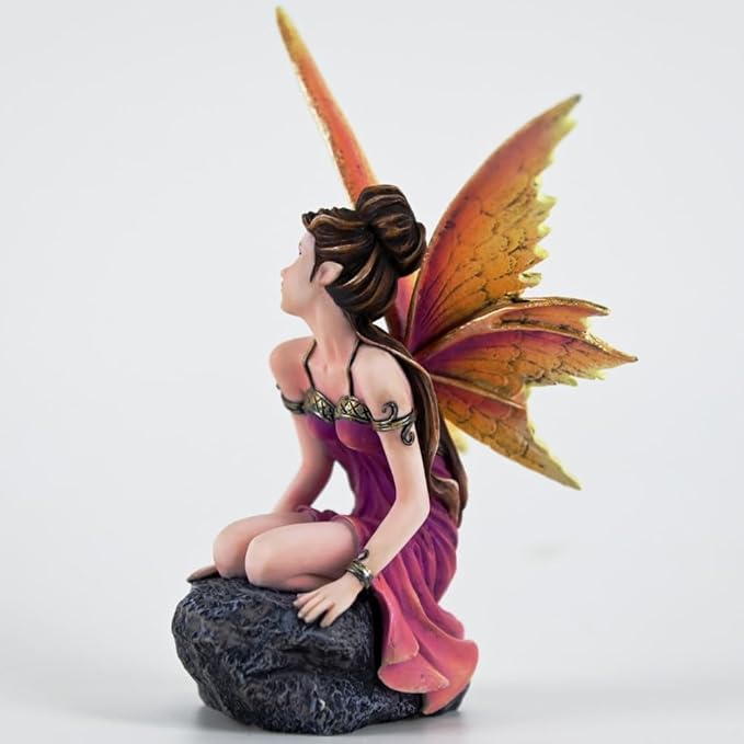 Fantasy Orange-Gold Gradient Wings Fairy Figurine, 6.1 Inch Rock Base Elf Statue, Hand-Painted Resin Decor for Indoor Garden Desk