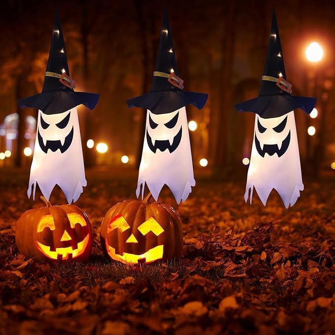 32 inches Giant Halloween Decorations Large Outdoor Decor Hanging Lighted Glowing Ghost Witch Hat Indoor Outside Ornaments Clearance Party Lights String for Yard Tree Garden(3Pcs)