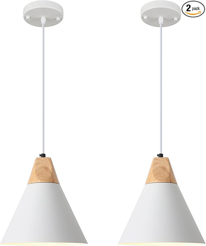 White Pendant Light, 2 Packs 9.4inch Farmhouse Pendant Light, Kitchen Pendant Lights, Pendant Lights Kitchen Island for Living Room, Bar, Bedroom, Office