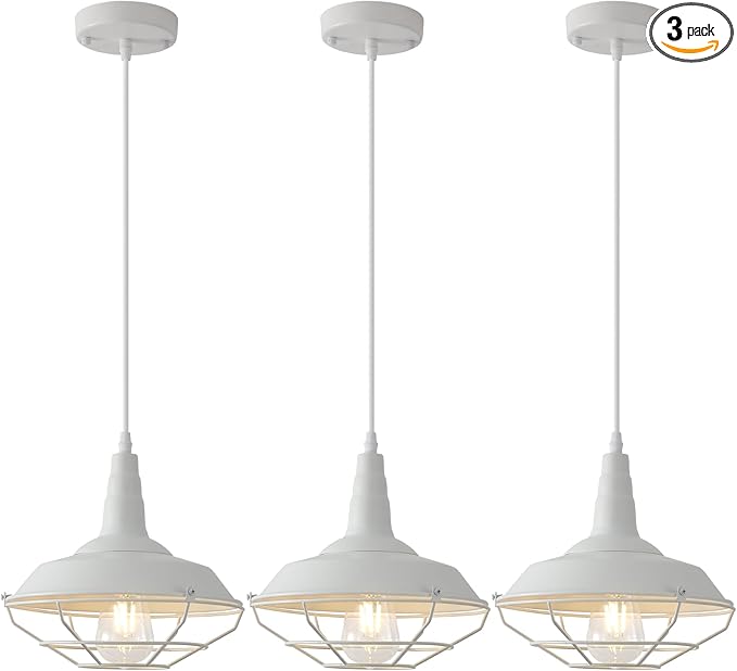 Farmhouse Pendant Light 10.5inches, 3 Packs - White Industrial Pendant Light, Pendant Lights Kitchen Island, Kitchen Pendant Lights for Bedroom, Office, Library, Dining Room