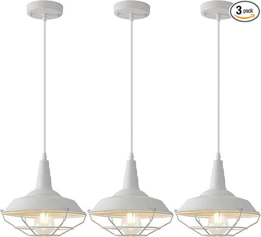 Farmhouse Pendant Light 10.5inches, 3 Packs - White Industrial Pendant Light, Pendant Lights Kitchen Island, Kitchen Pendant Lights for Bedroom, Office, Library, Dining Room
