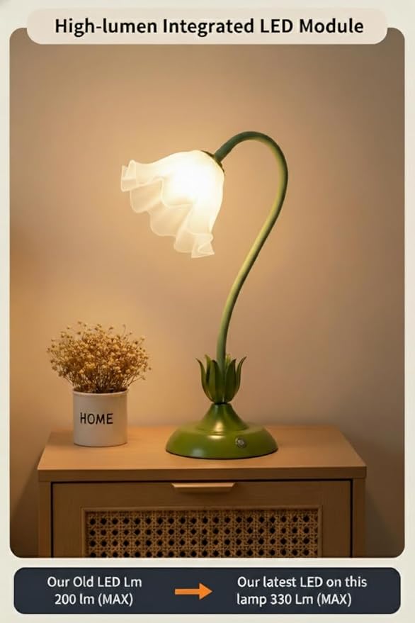 Cordless Flower Table Lamp Green, Valentine‘s Gift, 5200-mAh Rechargeable Touch Lamp, 3-Way Dimmable, Build-in Integrated LED 320 Lumen Max, for Nightstand Bedroom Living Room