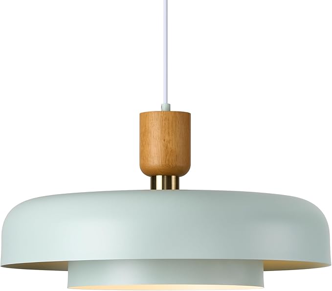 Mid Century Chandelier 19.68 inch, 2 Tiers Light Blue Shade, Natural Wood and Brass Accent,Large Pendant Lights for Kitchen Island, Dining Room, Living Room