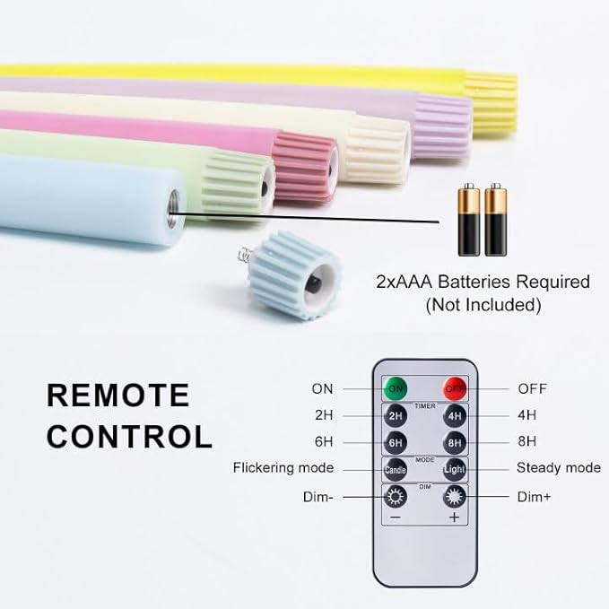 Easter Decorations, Easter Pastel Flameless Candles - Pastel Taper Candles Battery Operated with Timer and Remote Control, Home Table Decor, Wax, Macaron, 6pc