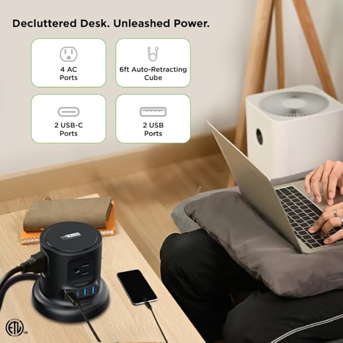 Uncaged Ergonomics Retractable Power Strip with USB Ports, Surge Protector with USB C Ports Fast Charging, Auto Retracting Cord Compact Desktop Charging Station for Home, Office, Nightstand, Black
