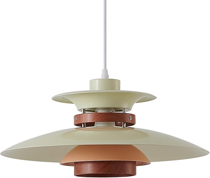 Modern Decor Adjustable Pendant Lamp Kitchen Island, Aluminum and Wood Finish,1-Light E26 Base Ceiling Hanging Light for Dining Room Shop Restaurant (Beige+Dark Wood Grain, 35cm)