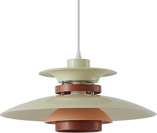 Modern Decor Adjustable Pendant Lamp Kitchen Island, Aluminum and Wood Finish,1-Light E26 Base Ceiling Hanging Light for Dining Room Shop Restaurant (Beige+Dark Wood Grain, 35cm)