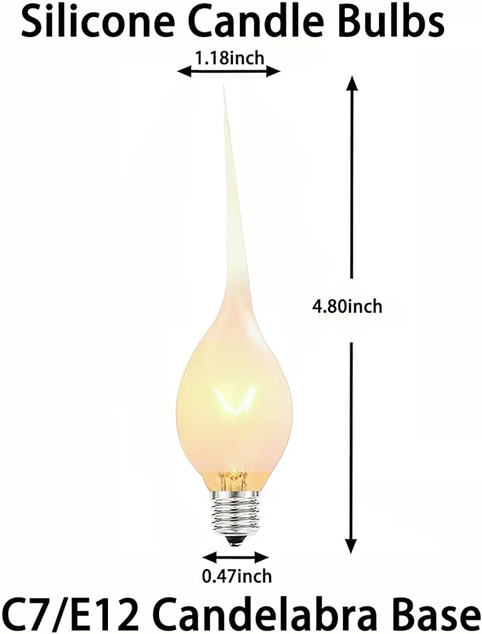 Silicone Dipped Candle Light Bulbs, 5 Watt Night Light Bulbs, C7/E12 Candelabra Base Bulbs, Clear Country Style Candle Light Bulbs for Christmas Chandelier Electric Window Candle, 120 Volt- 12 Pack