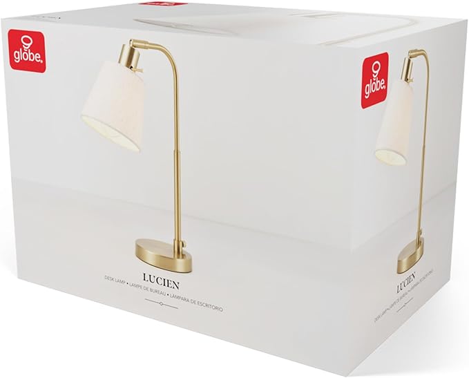 Globe Electric 61000057 16" Desk Lamp, Matte Brass Finish, White Shade, Adjustable Pivot Joint, Rotary Switch on Socket, Modern Lighting for Bedroom or Office, Indoor Lights, E26 Base