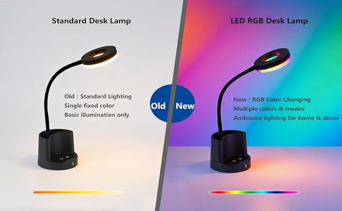 HomeFocus LED Desk Lamp, Eye-Caring Dimmable Reading Light, RGB Night Light, Student Lamp, Metal Flexible Gooseneck, Black, for Home, Office, Gift for Kids, Students, Women
