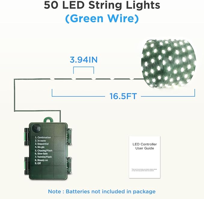 16.5ft Battery Operated String Lights(2 Pack), 50 LED Twinkle Fairy String Lights Battery Powered with Timer for Indoor Outdoor Christmas Trees Wreath Decoration Party Bedroom - Cool White