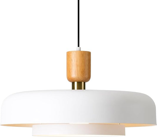 Modern Large Pendant Light 19.68 inch, 2 Tiers Matte White Shade, Natural Wood and Brass Accent, Mid Century Chandelier for Dining Room,Kitchen,Living Room
