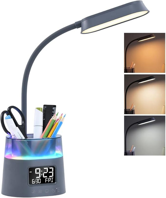 Led Desk Lamp for Home Office, Touch Table Lamp with Pen Holder, 3 Color Modes Stepless Dimmable Reading Light, Gooseneck Lamp for Dorm Room, Bedside Study Light with Clock for Kids, Girls, Boys