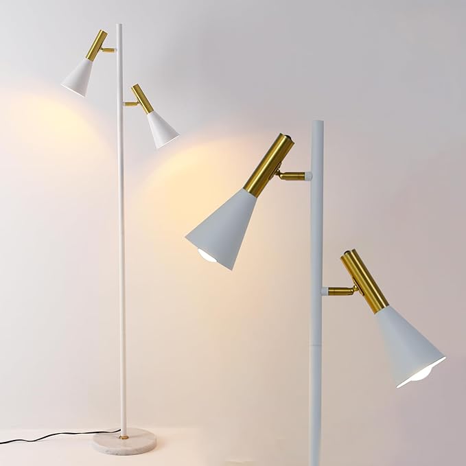 Elegant Modern Floor Lamp with 2 Adjustable Head,White and Gold Stand up Lamps with Marble Base,Tall Pole Uplight,Tree Floor Lamps for Living Room,Office