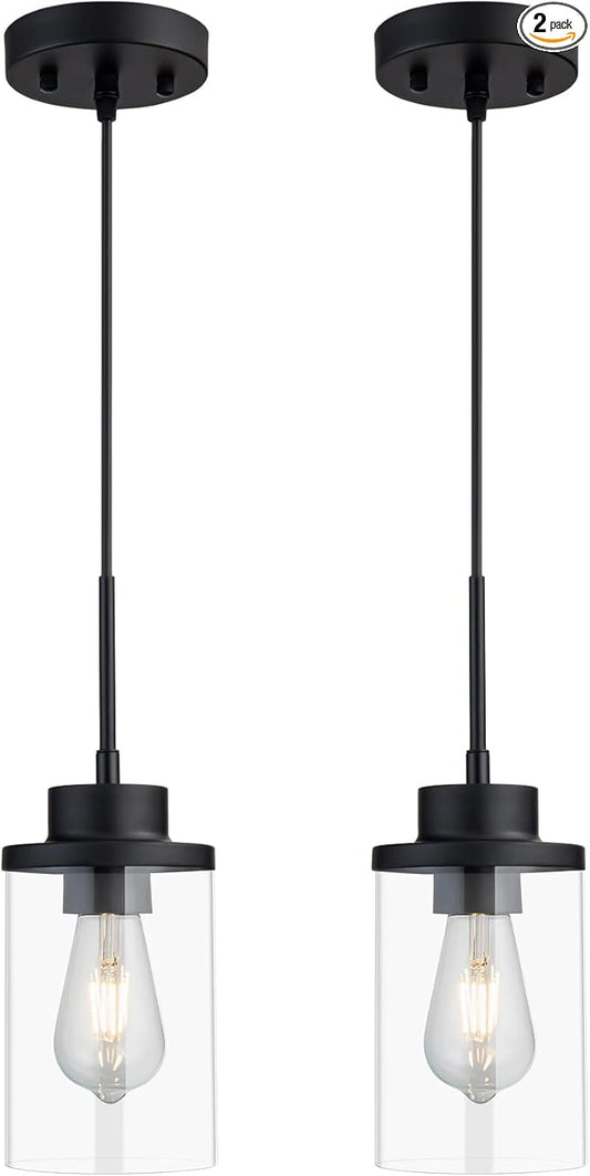 Modern Black Farmhouse Clear Glass Cylinder Pendant Light Fixture, Single Hanging Pendant Lighting for Kitchen Island, Dining Room, Foyer & Hallway(2 Packs)