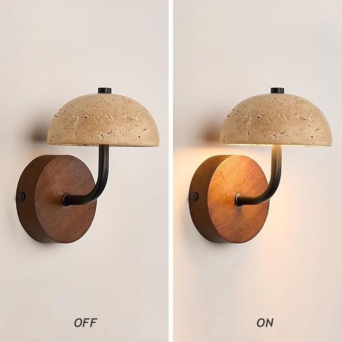 Accent Wall Lamp, Mushroom Travertine Wall Sconce, Yellow Stone Half Dome Light with Wood Base and Iron Arm for Bedroom Living Room Hallway Bedside Entryway Decor Home Art Surface
