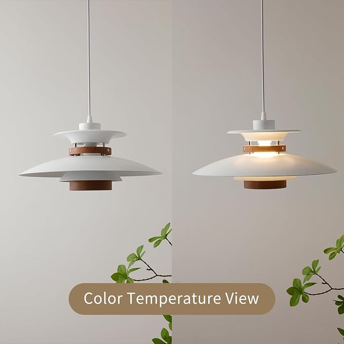 Modern Decor Adjustable Pendant Lamp Kitchen Island, Aluminum and Wood Finish,1-Light E26 Base Ceiling Hanging Light for Dining Room Shop Restaurant (White+Dark Wood Grain, 40cm)