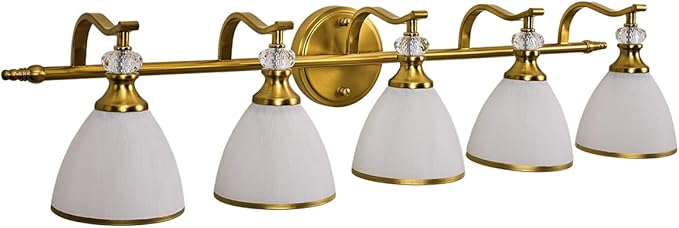 ANDY STAR Gold Bathroom Light Fixture, 5-Light Bathroom Wall Sconces, 35 inch Brass Vanity Light with Milky White Frosted Glass Shade, Large Vintage Wall Lights for Spacious Rooms