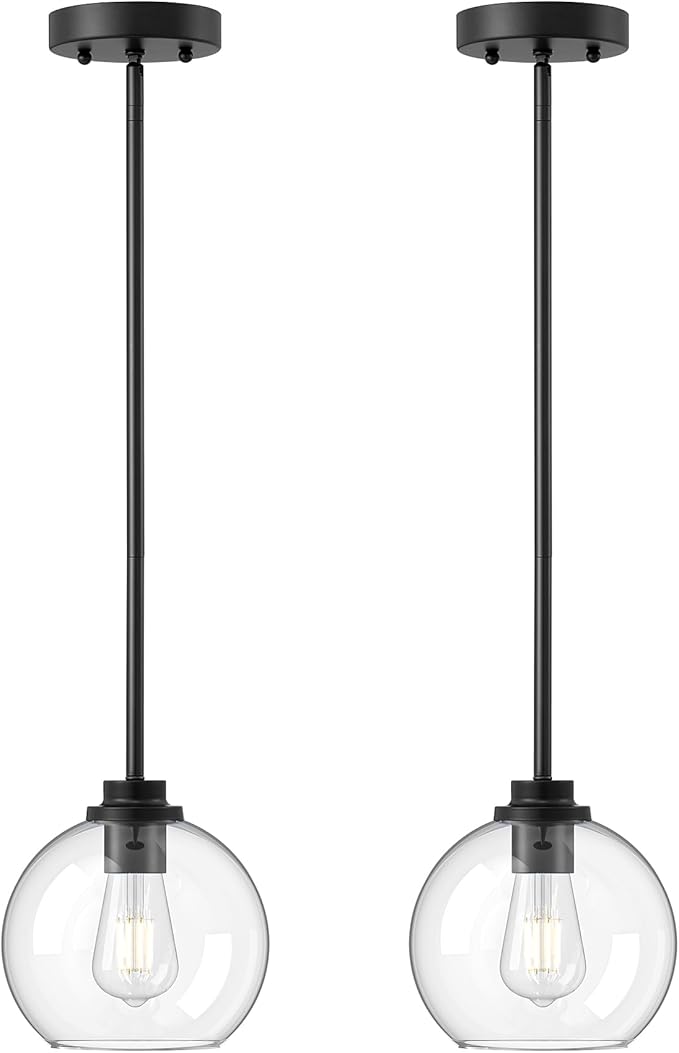 EDISHINE Modern Pendant Lights Kitchen Island 2 Pack, Hanging Light Fixture with Clear Glass Globe Shade, Hardwired Matte Black Adjustable Metal Rod for Bathroom, Dining Room, Bedroom