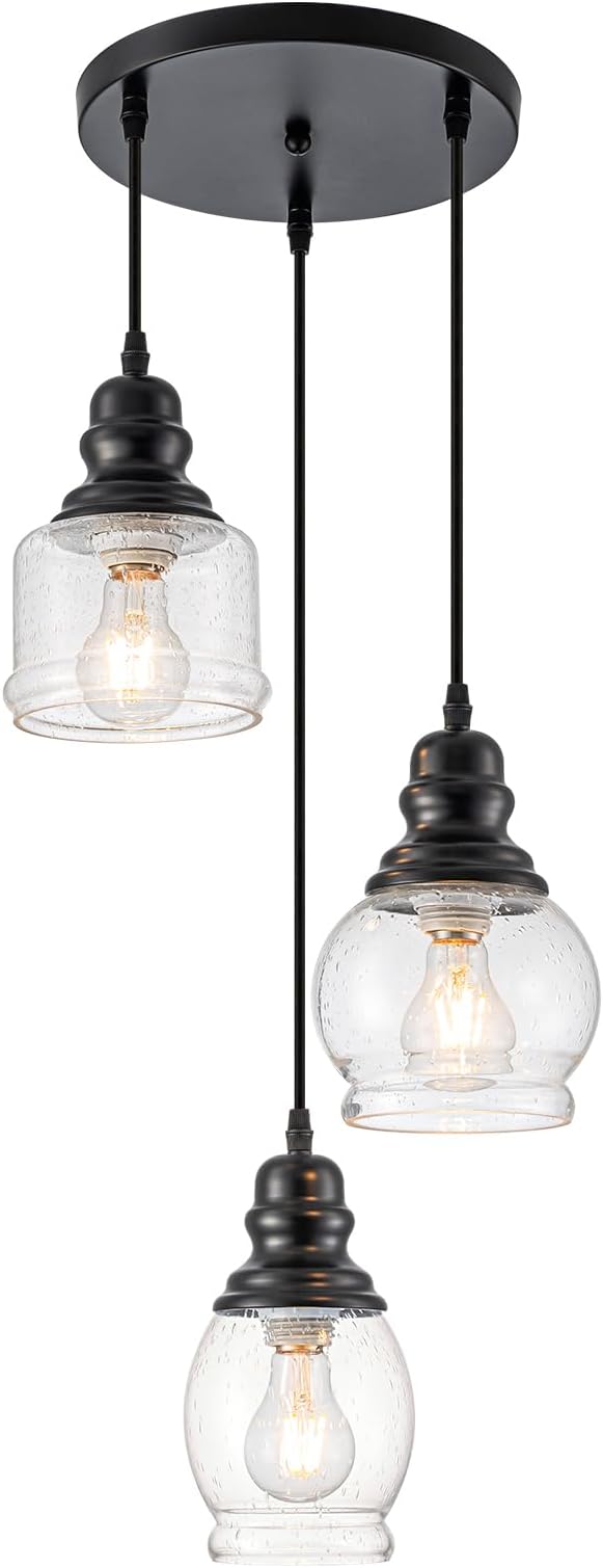 WILON Pendant Light Fixtures, 3 Light Pendant Lighting for Kitchen Island Industrial Hanging Pendant Lighting with Seeded Glass Shade, Black Glass Pendant Light for Dining Room Kitchen Island
