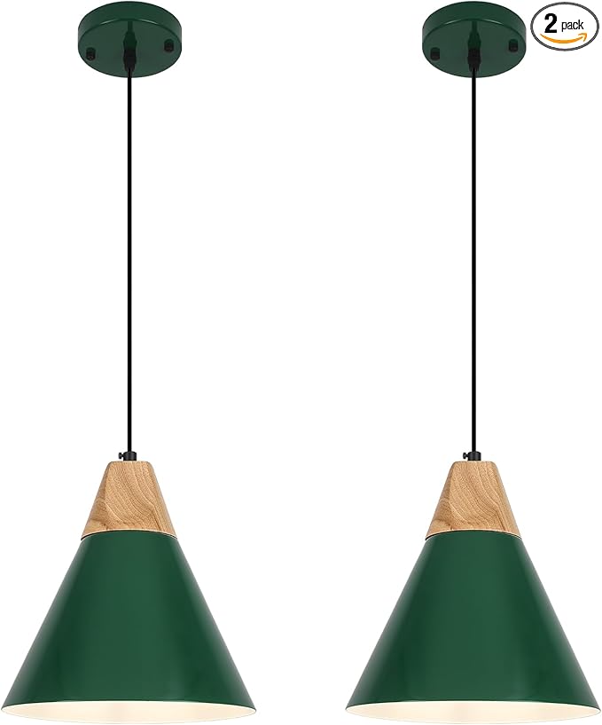 Farmhouse Pendant Light, 9.4inch, 2 Packs- Green Industrial Kitchen Pendant Lights, Pendant Lights Kitchen Island, Pendant Light for Bedroom, Office, Kichen Sink, Library