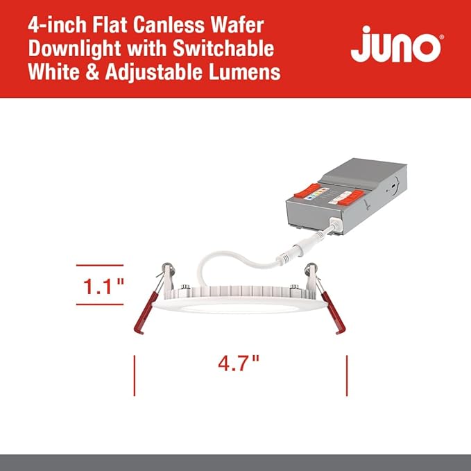 Juno LED Recessed Lights 4 Inch Round Baffle Wafer Downlight, 5-in-1 Switchable White Color Temperature, Adjustable Brightness, 120 Volts, 4-Inch Flat Trim, Matte White | (Pack of 12)
