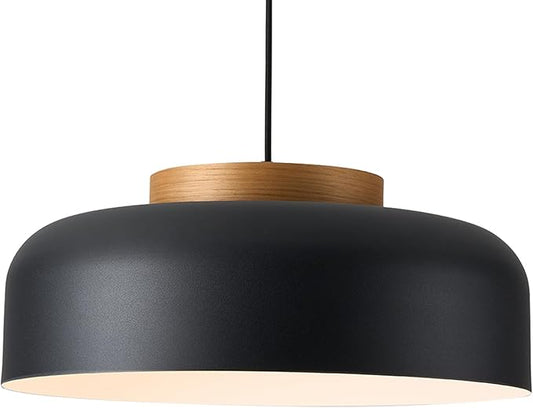 Modern Large Pendant Light Fixture, 17.7 inch,Natural Wood Cap, Matte Black Finish, Simple Pendant Lighting for Kitchen Island, Dining Room, Table