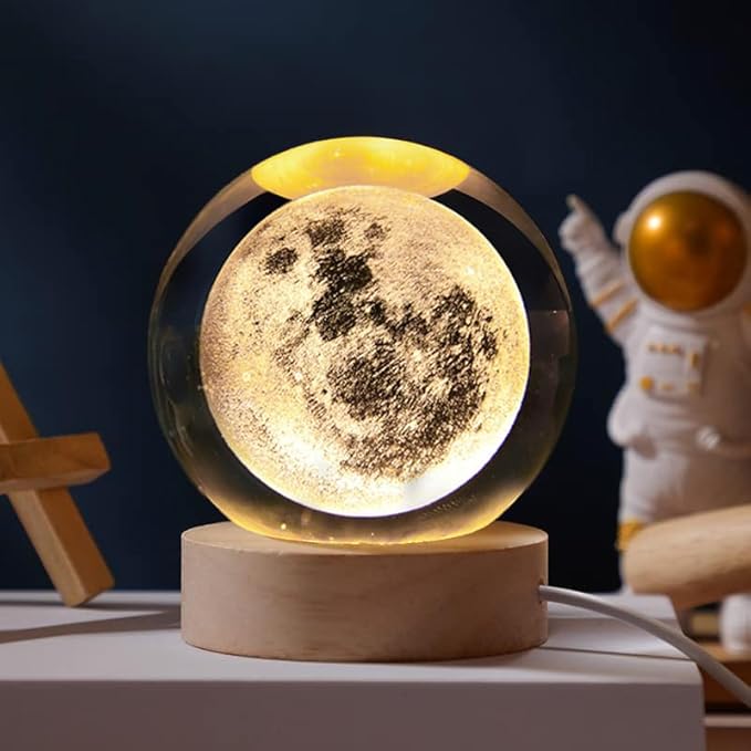 3D Laser Engraved Moon Crystal Ball Lamp, 2.4" Glass Sphere Decorative Balls, Moon Planet Space Globe Night Light Gifts for Women